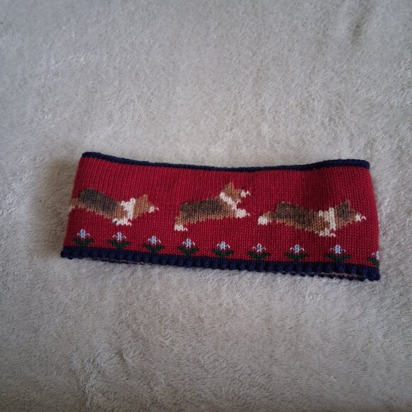 Ouisha Women's Red Navy Trim Corgi Dog Hand Loomed Pure Wool Winter Headband - Picture 2 of 8